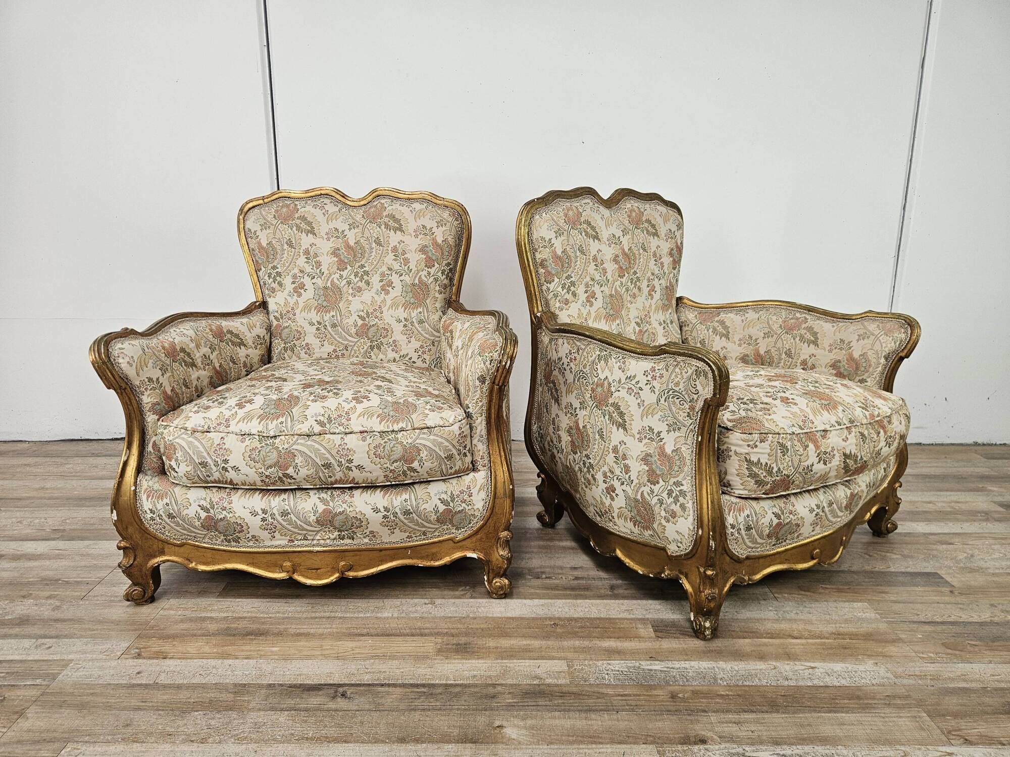 20th Century Italian Baroque Style Bergère Armchairs in Carved and Gilded W