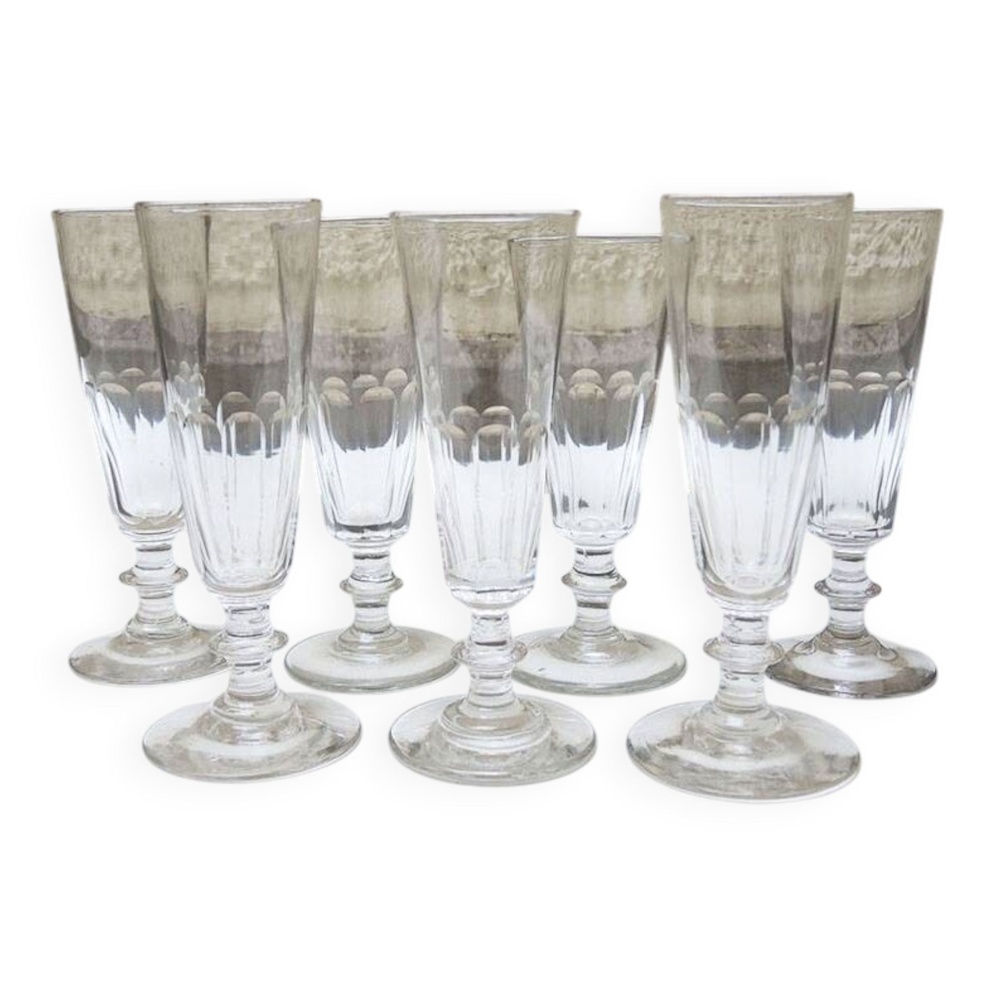 7 antique glass champagne flutes in Louis Philippe style