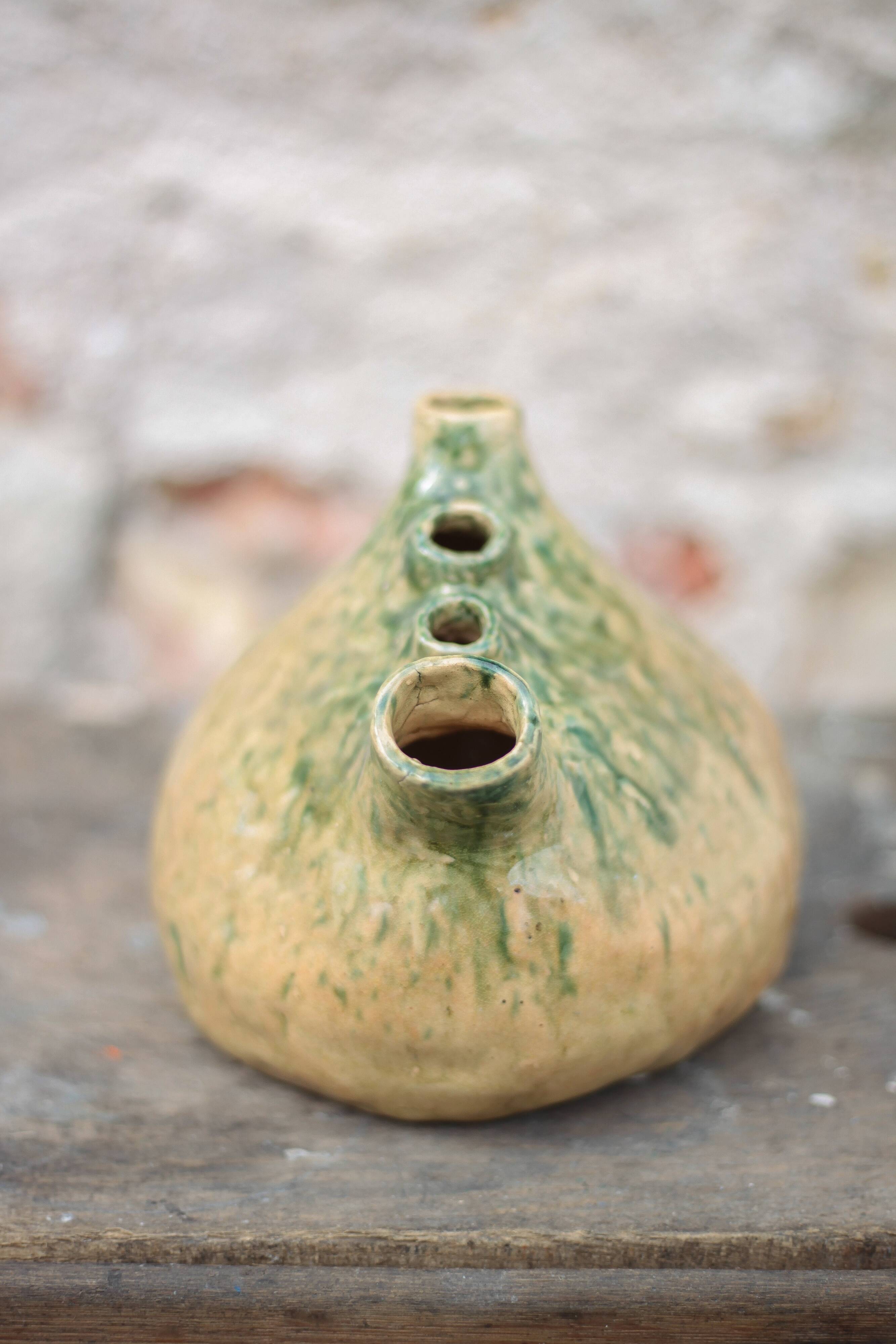 Vintage glazed ceramic soliflore, La Borne pottery, countryside, brutalist.