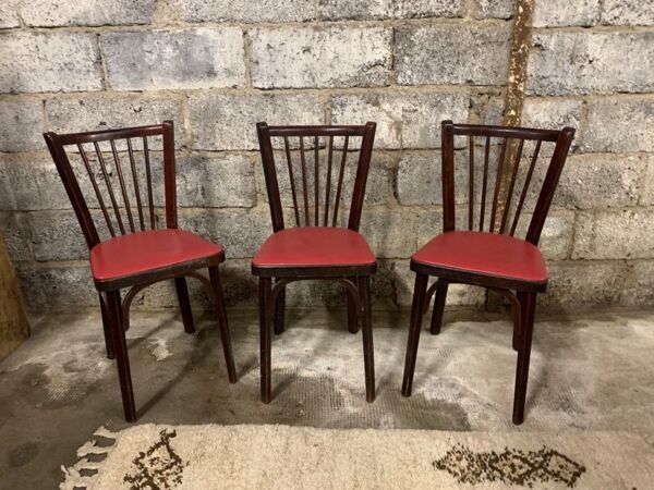 6 Chaises baumann bistrot troquet parisien bois de hêtre et skaÏ rouge - ancien et vintage