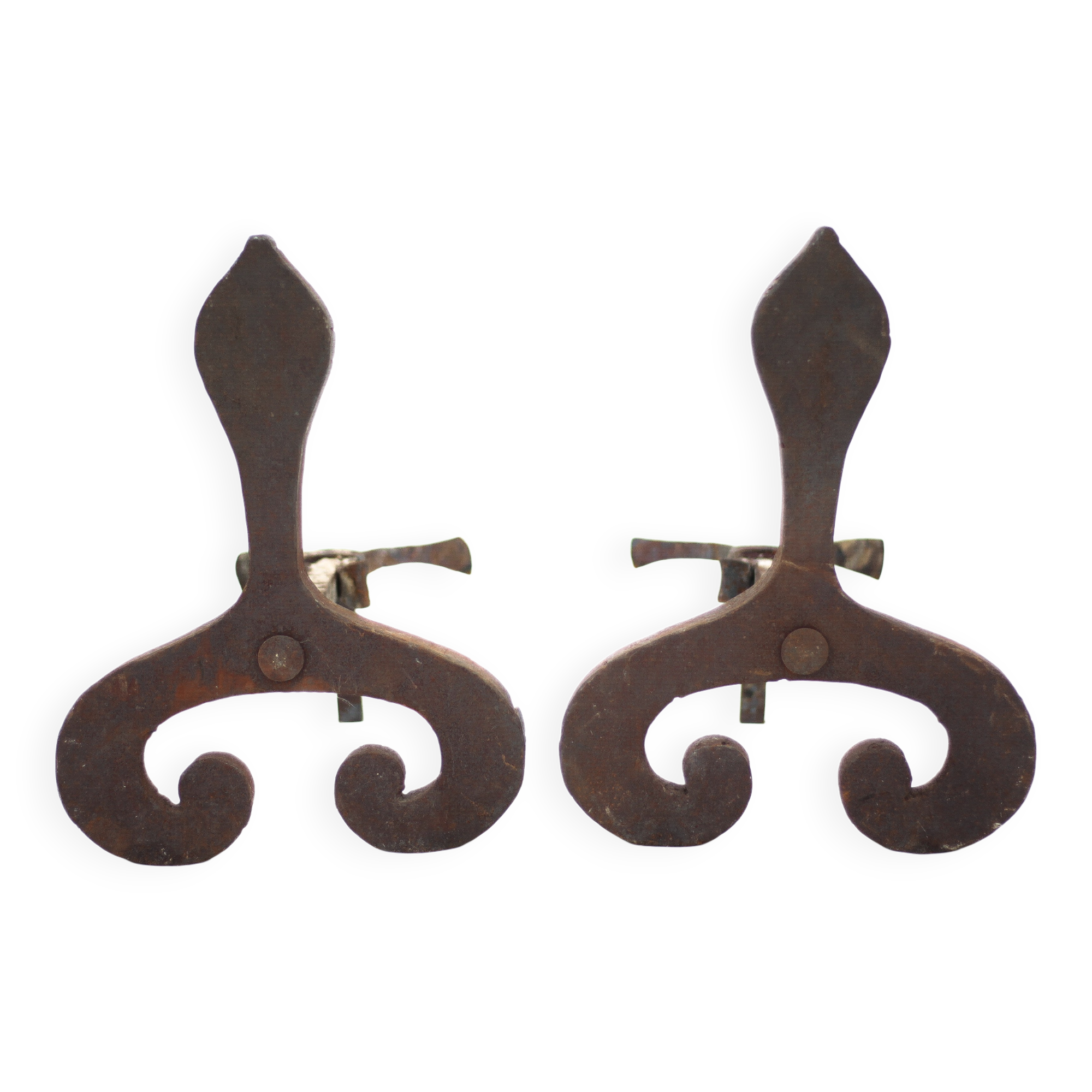 Vintage chenets, pair of brutalist chenets, fireplace accessory.