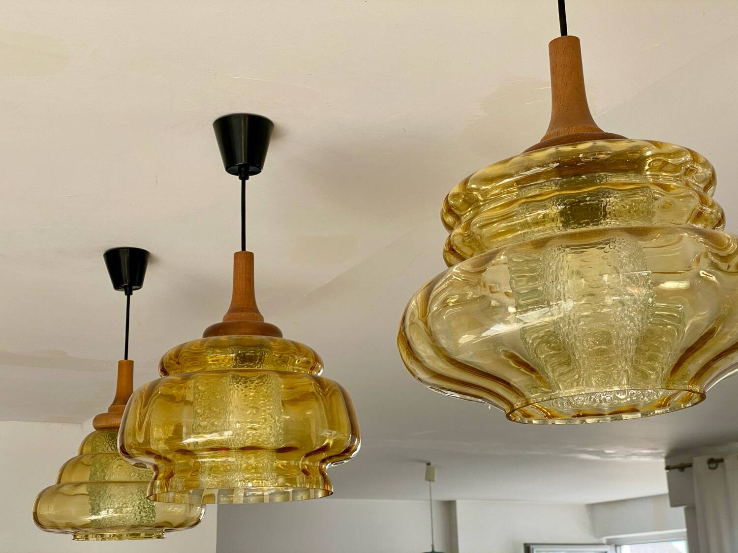 Trio of 3 glass chandelier suspensions GDR 1970 Veb Narva