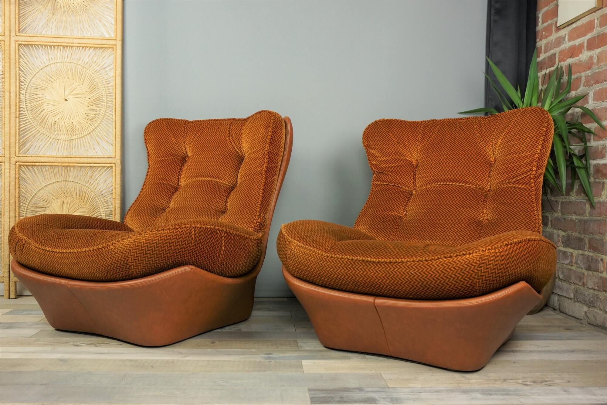 Pair of armchairs in imitation leather cognac and velvet model Orsay by Beka