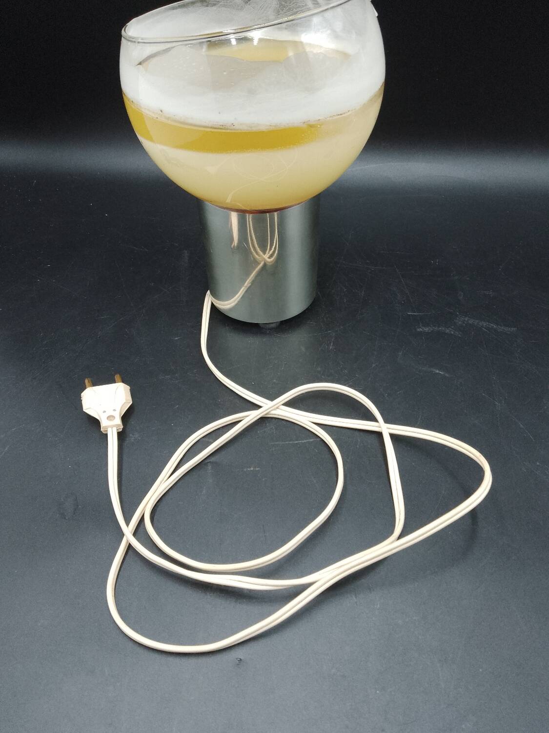 Old candle lamp perfume burner design 1970 in aluminum and pop art glass