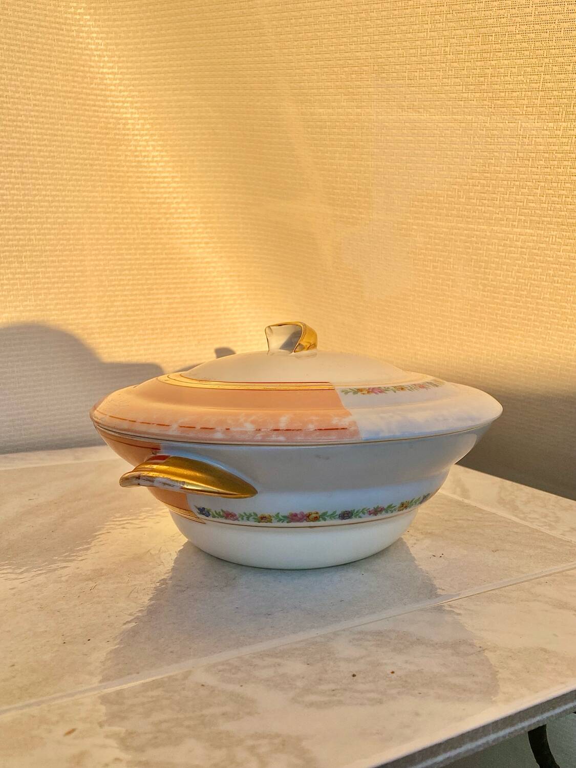 Antique Limoges porcelain soup tureen with two decorations.