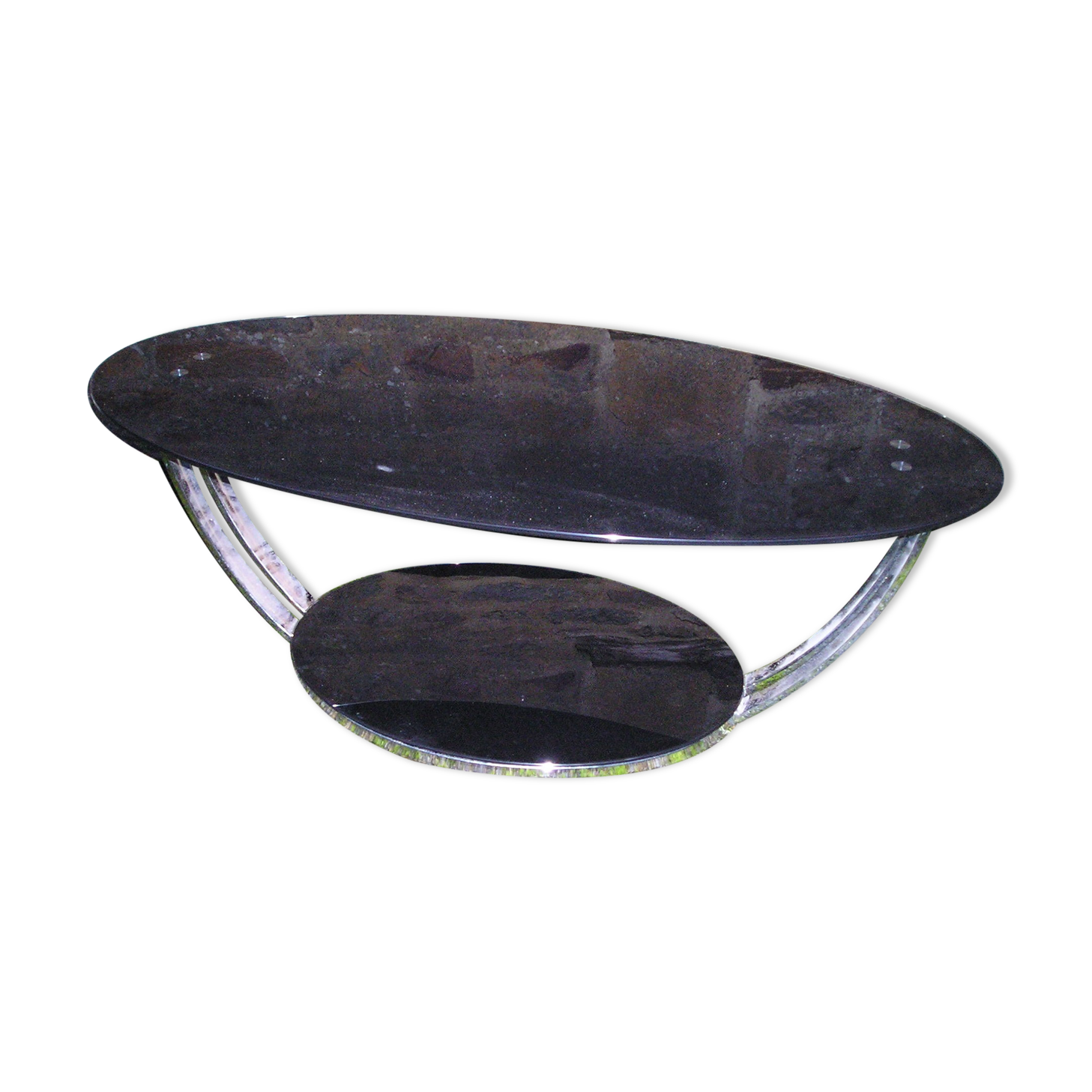 Table basse ovale en métal chromé et verre fumé 70's
