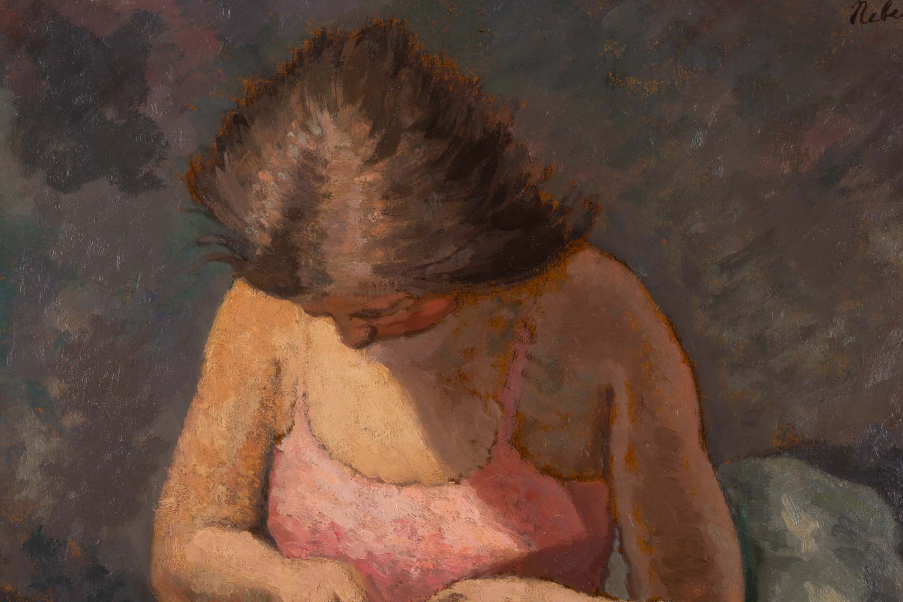 Painting, young knitting woman signed J. Nebesov 30