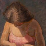 Painting, young knitting woman signed J. Nebesov 30