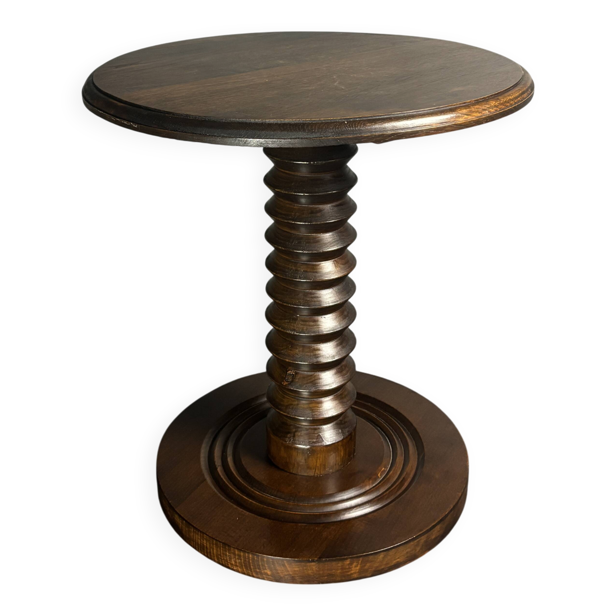 Midcentury brutalist wood turned side table, Charles Dudouyt style, 1950s