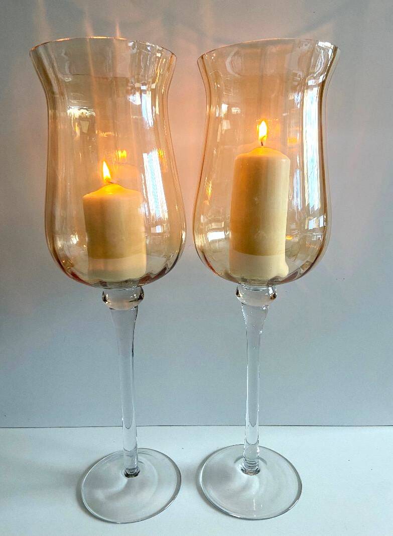 Duo of Tealight Holders Vases Candle Holders on Stand Blown Crystal Glass Amber