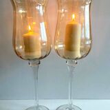 Duo of Tealight Holders Vases Candle Holders on Stand Blown Crystal Glass Amber