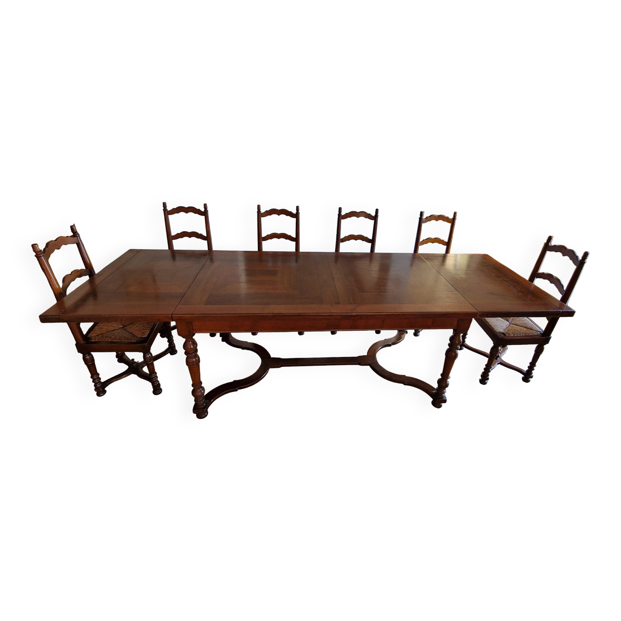 Marquetry wooden dining table with its 6 chairs.