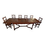 Marquetry wooden dining table with its 6 chairs.