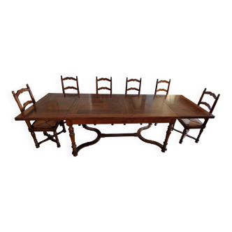 Marquetry wooden dining table with its 6 chairs.