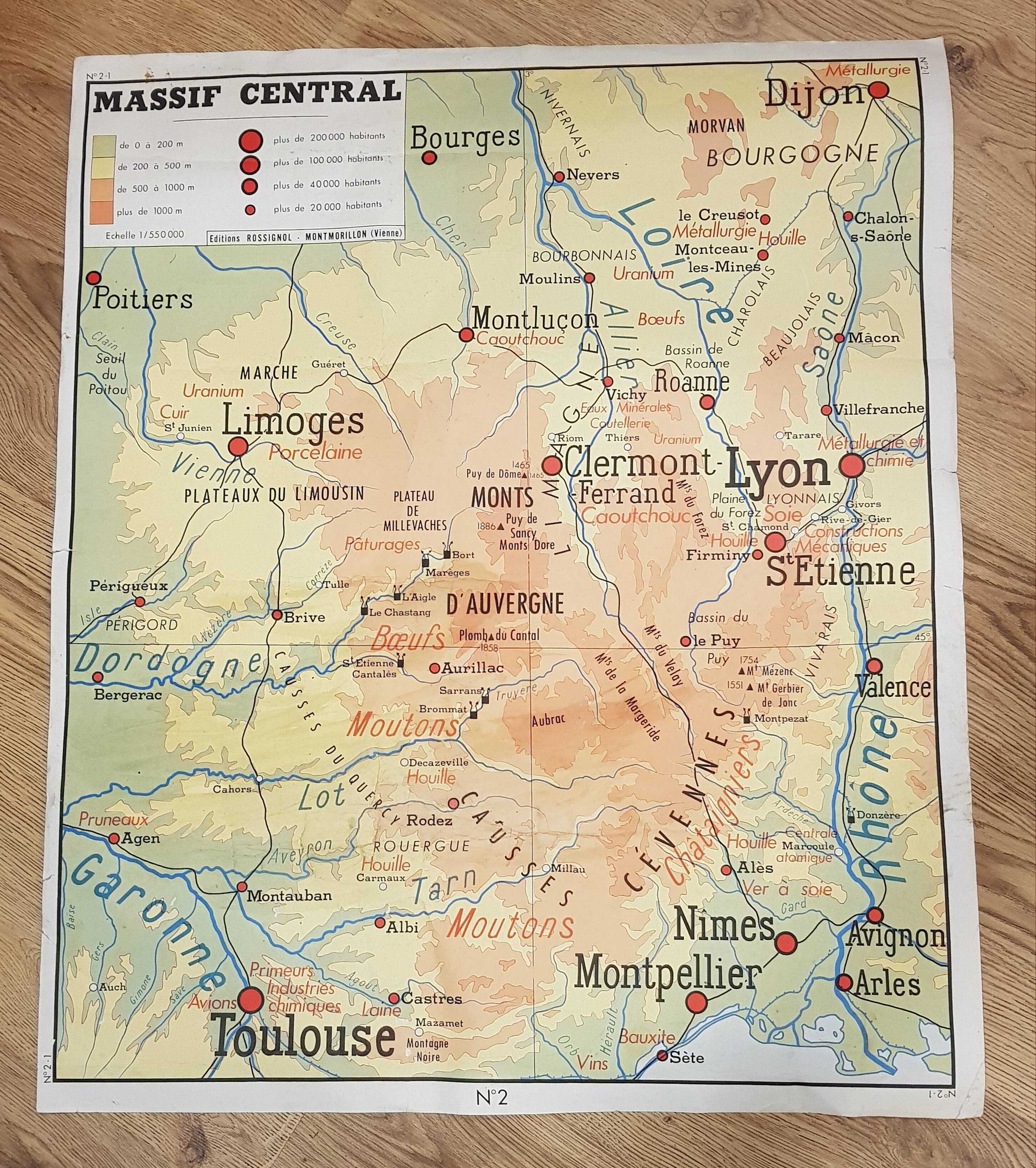 Editions Rossignol map - Massif Central & Jura (90 x 75cm)