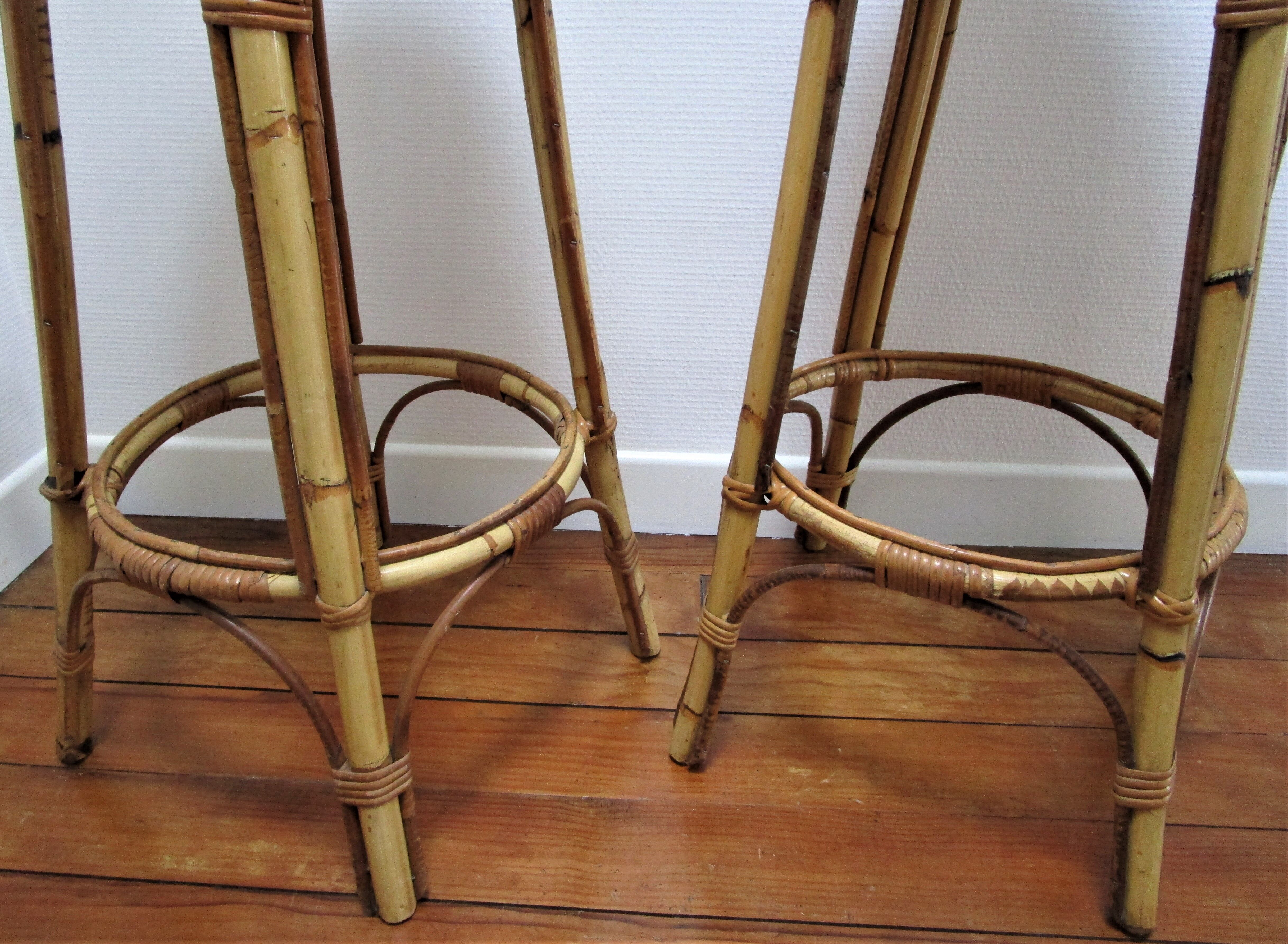 Pair of rattan bar stools and vintage bamboo