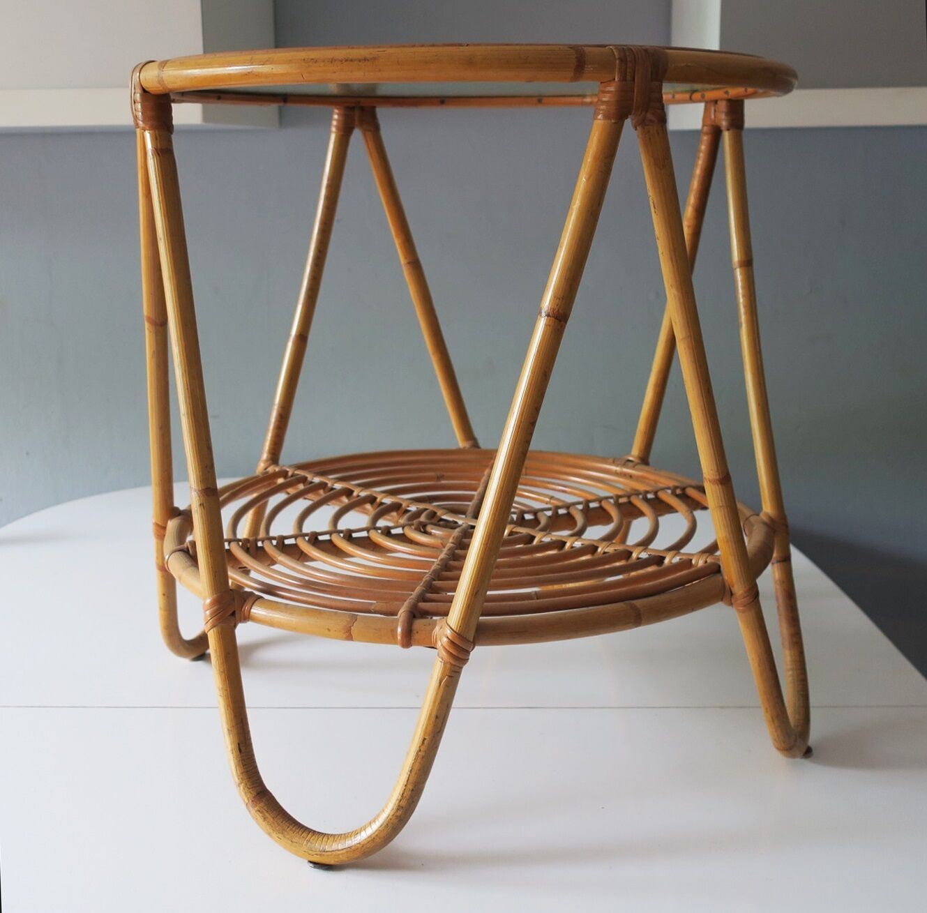 Vintage bamboo and frosted glass cocktail table