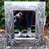 Vintage 70s Art Nouveau style hand-embossed tin wall mirror