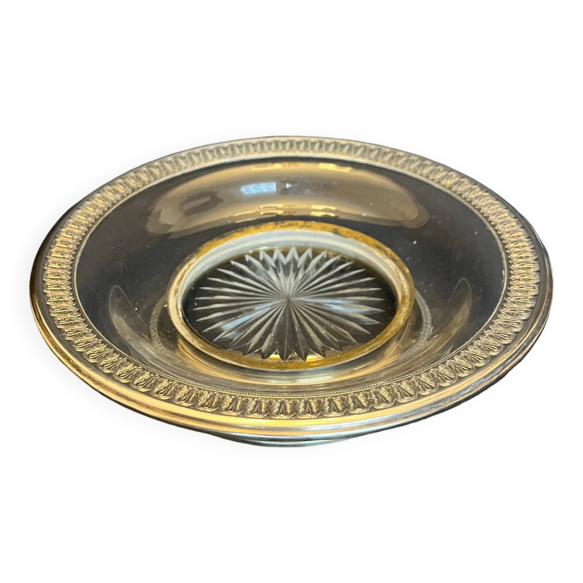 Cut glass and silver metal dish on pedestal