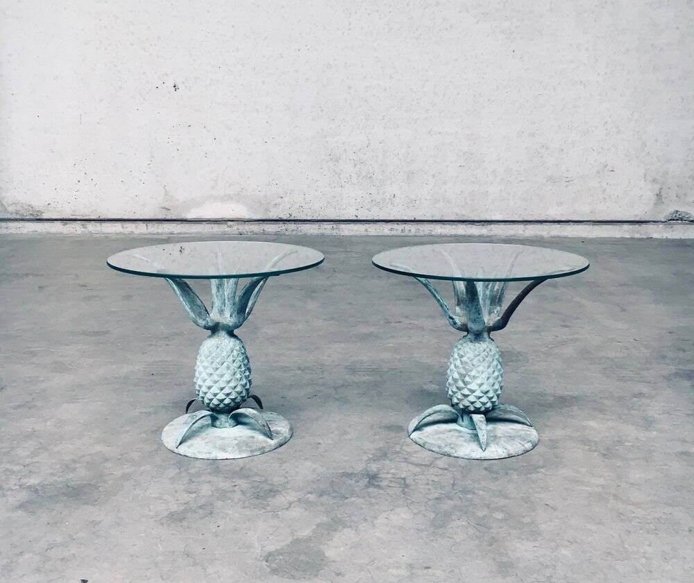 Hollywood Regency Style Brass Patinated Pineapple Side Tables, France, 1970s, Set of 2