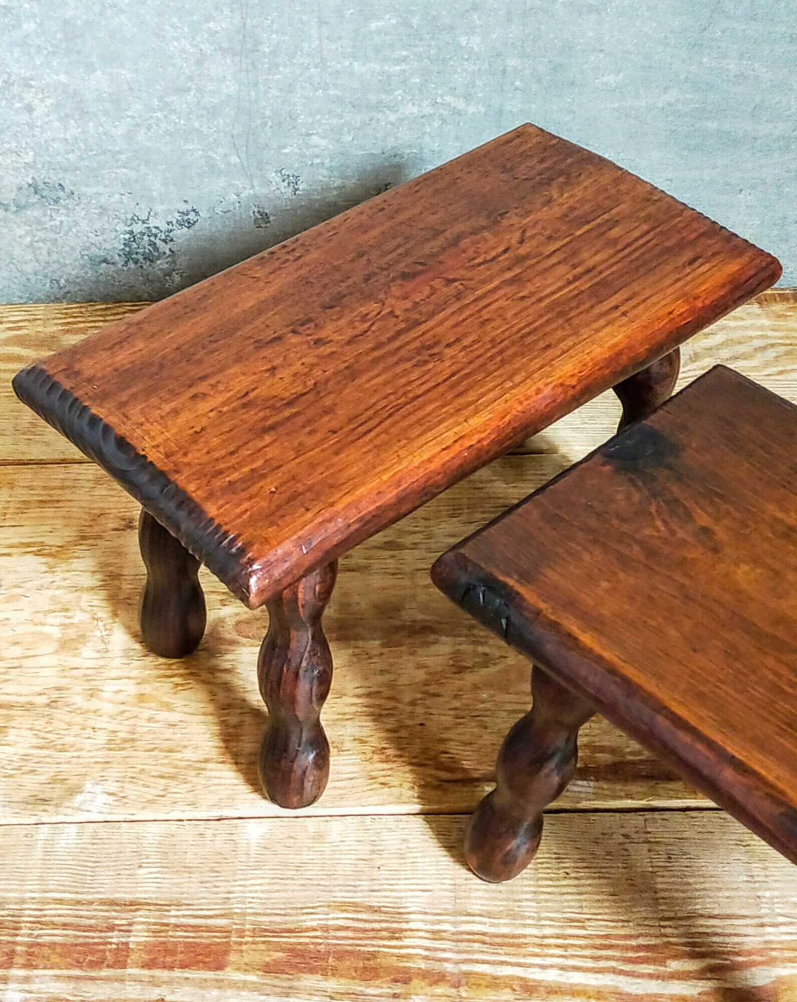 Pair of vintage solid turned wood footstools
