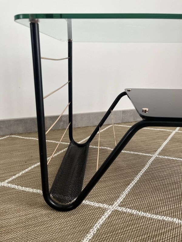 Table basse métal et verre avec porte revue Roche Bobois des années 50'