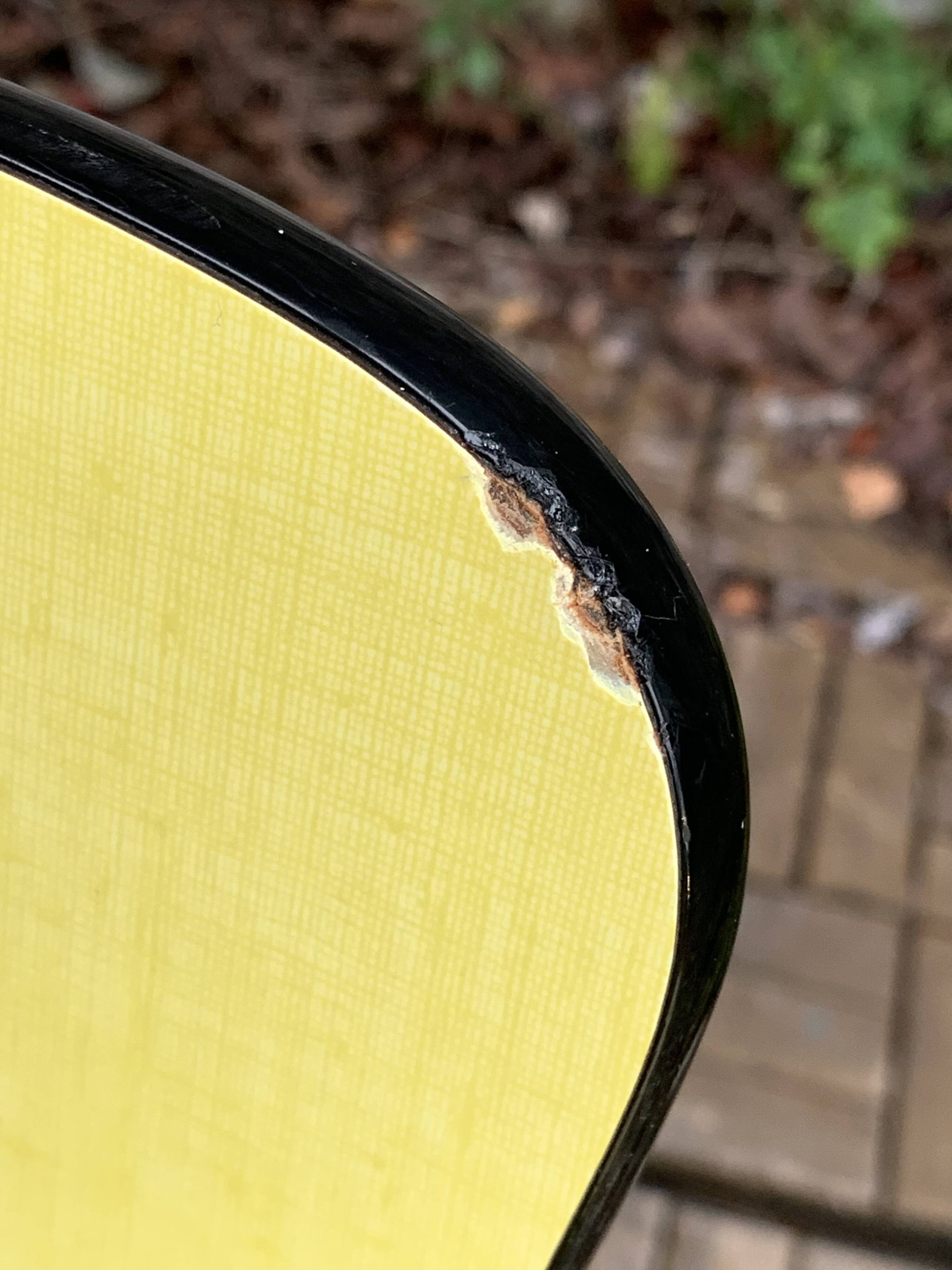 Yellow Formica chairs with compass legs, 1950s