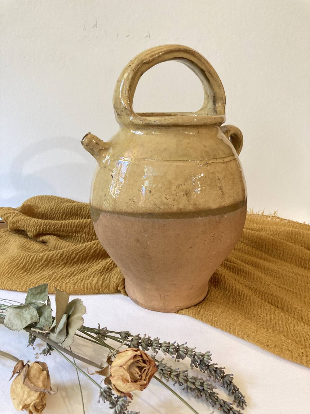 Antique Provençal jug / goat, in yellow glazed terracotta