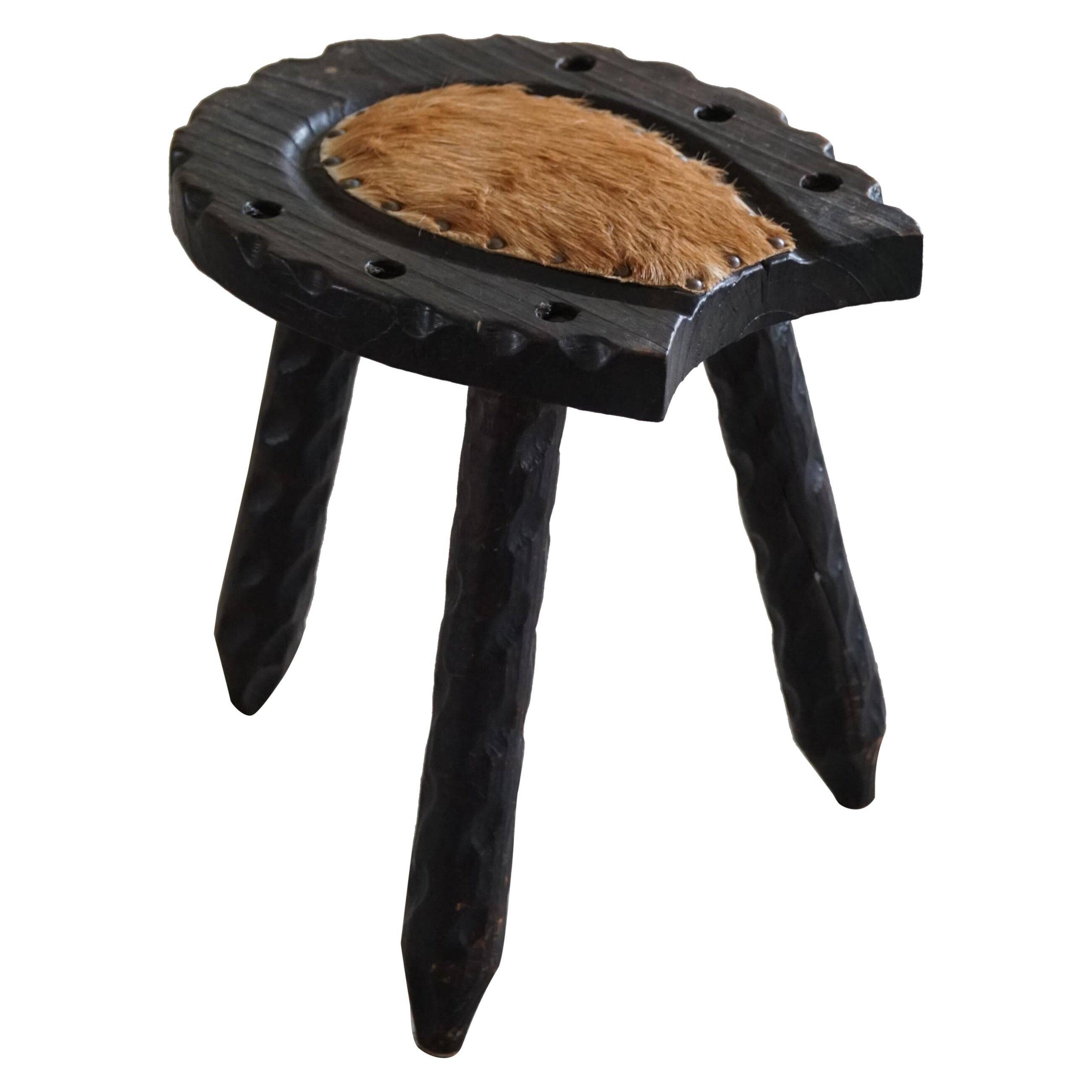 Swedish tripod stool in pine and cowhide, Wabi Sabi, 1950s