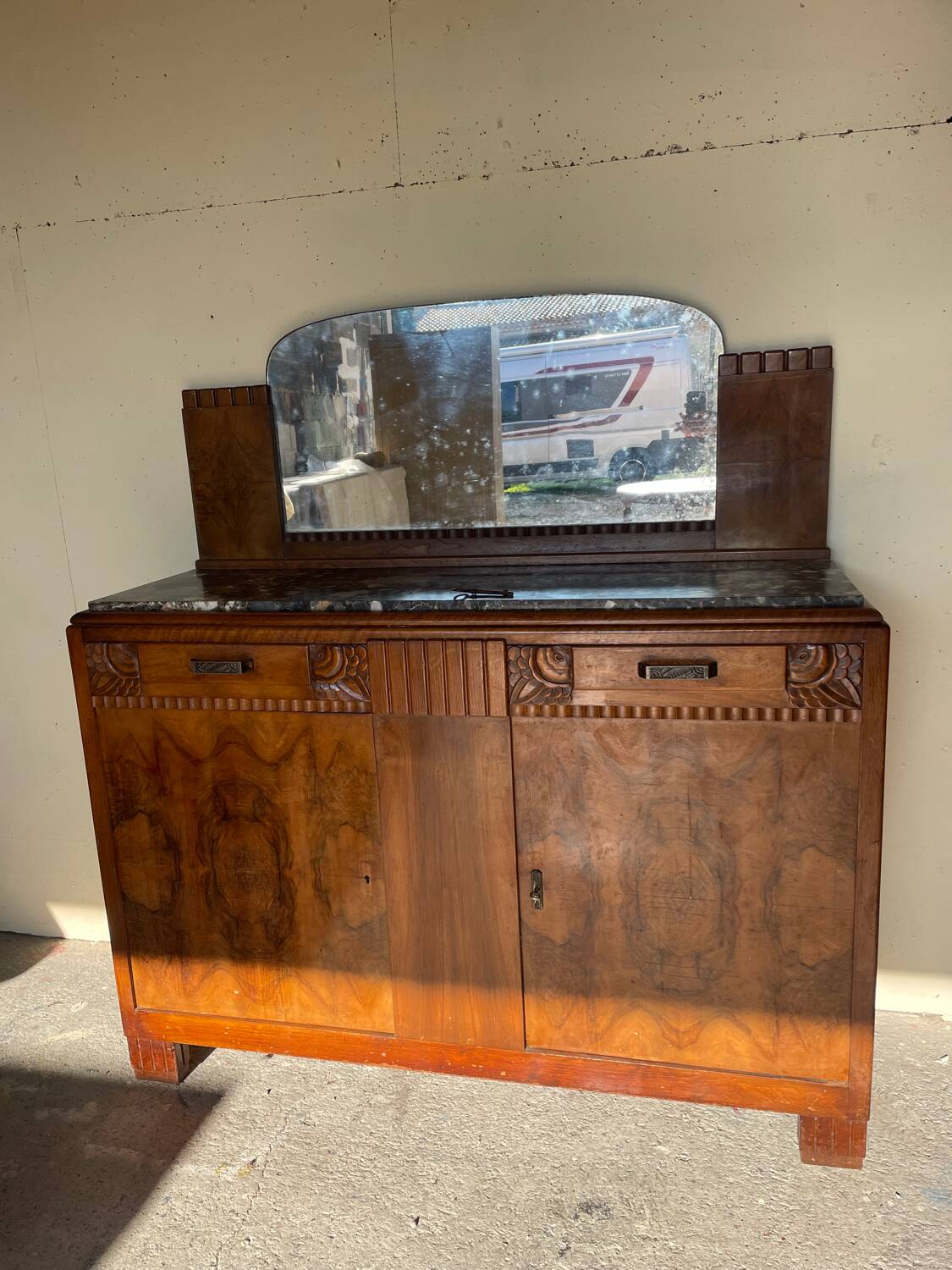 Vintage marble sideboard with mirror from the 1930s