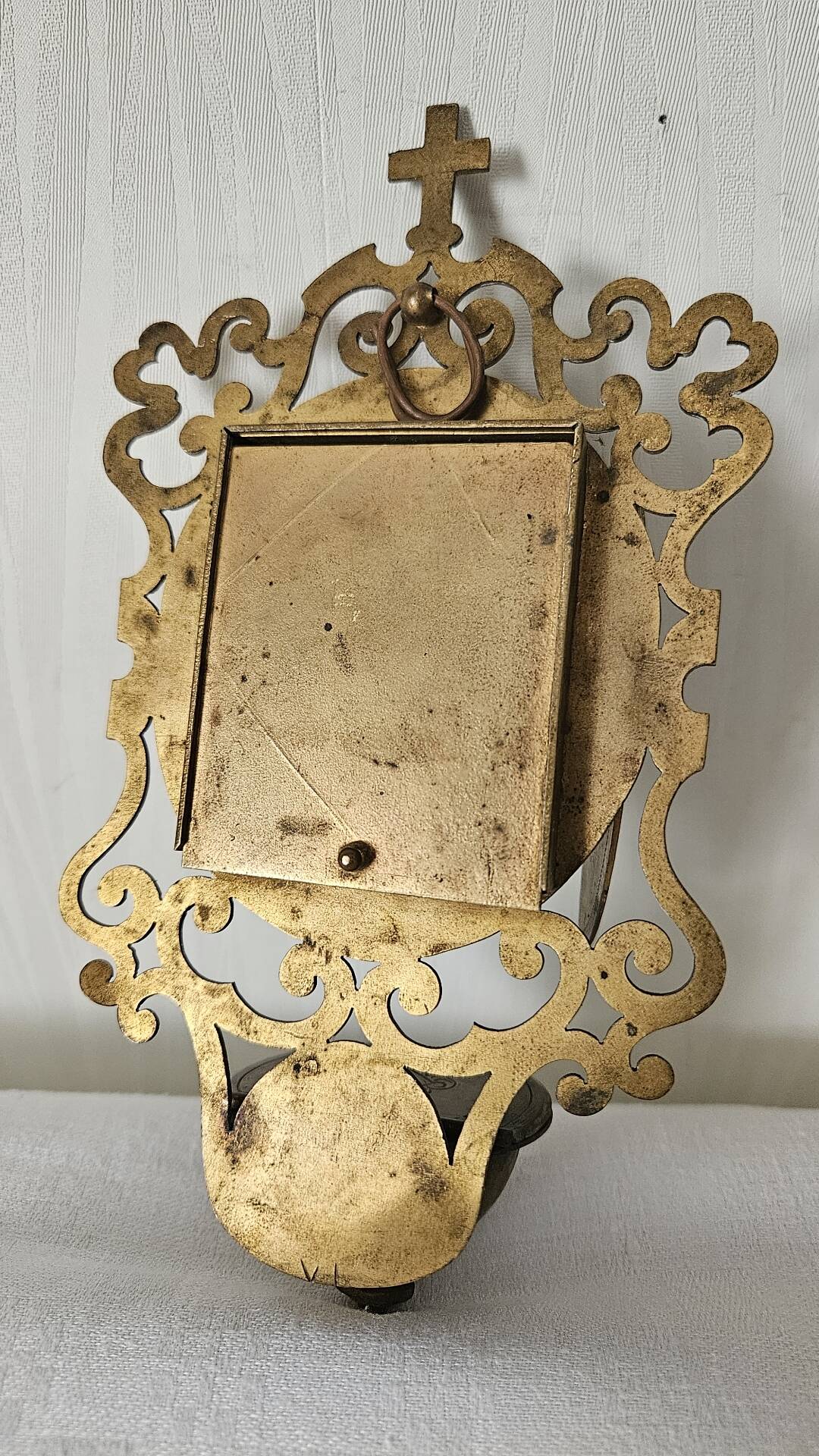 Antique triptych font brass porcelain