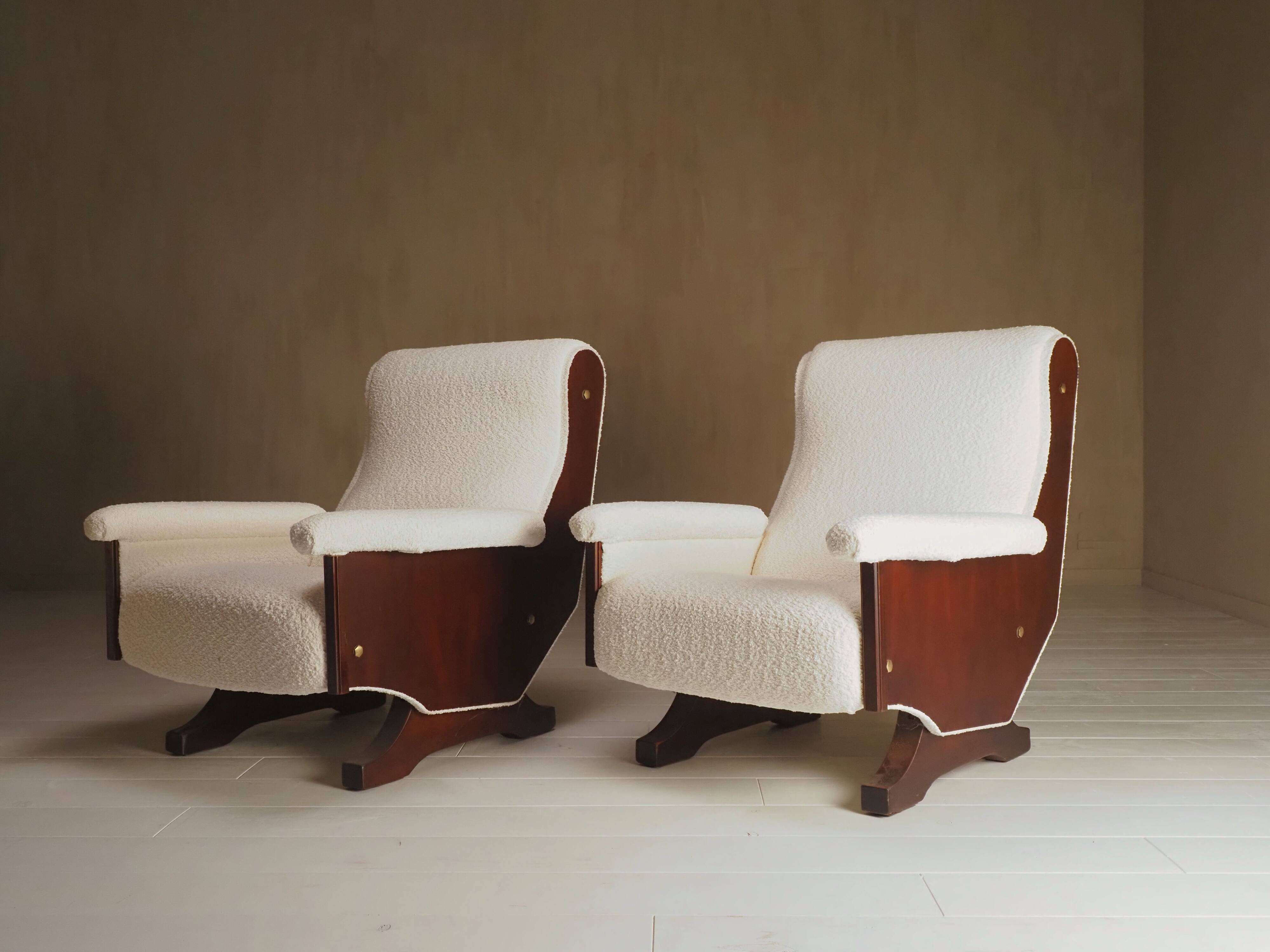 Pair of 1960s Italian Modern Walnut and Boucle Armchairs