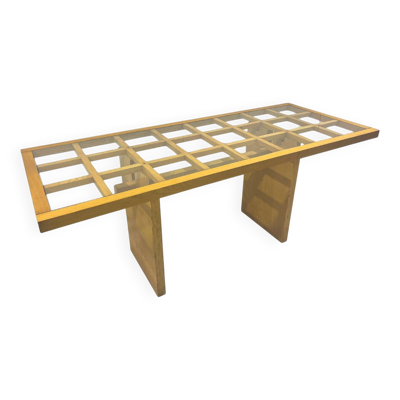 Table à manger du milieu du siècle, bois avec plateau en verre, Italie, années 1970