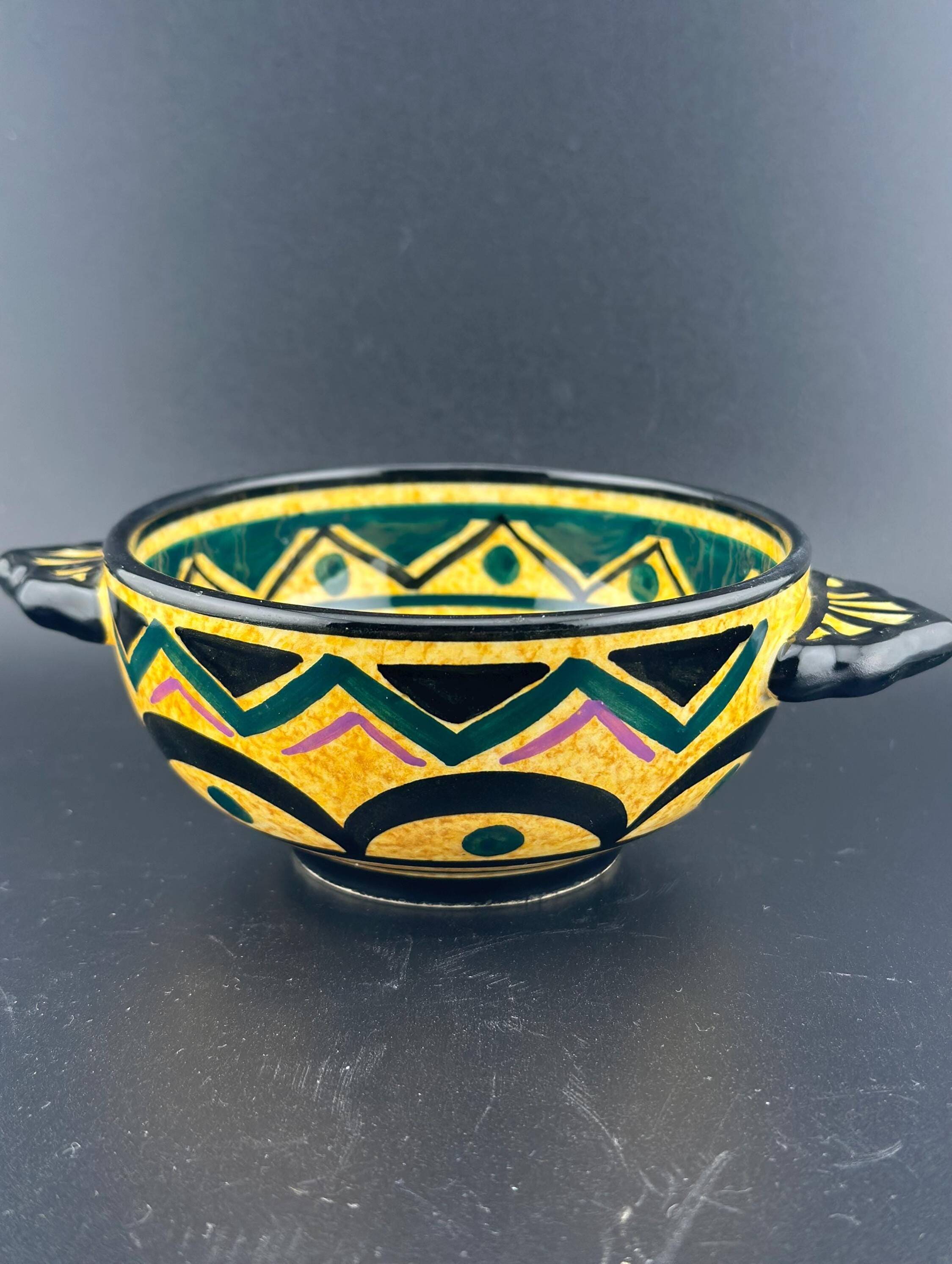 Earthenware Bowls St Jean de Bretagne Set of 4 Hand Decorated Geometric Black