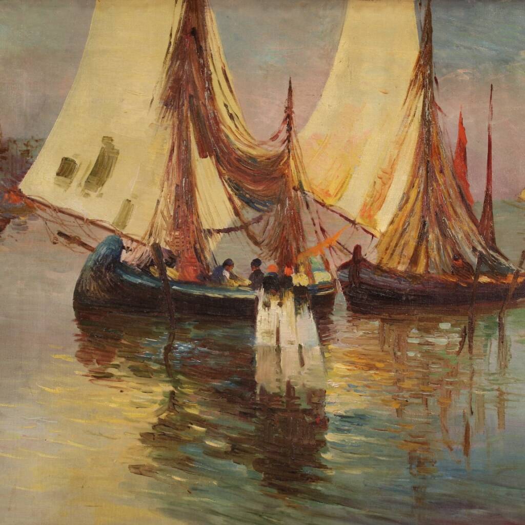 Signed painting and dated seascape with boats from the 20th century