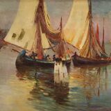 Signed painting and dated seascape with boats from the 20th century