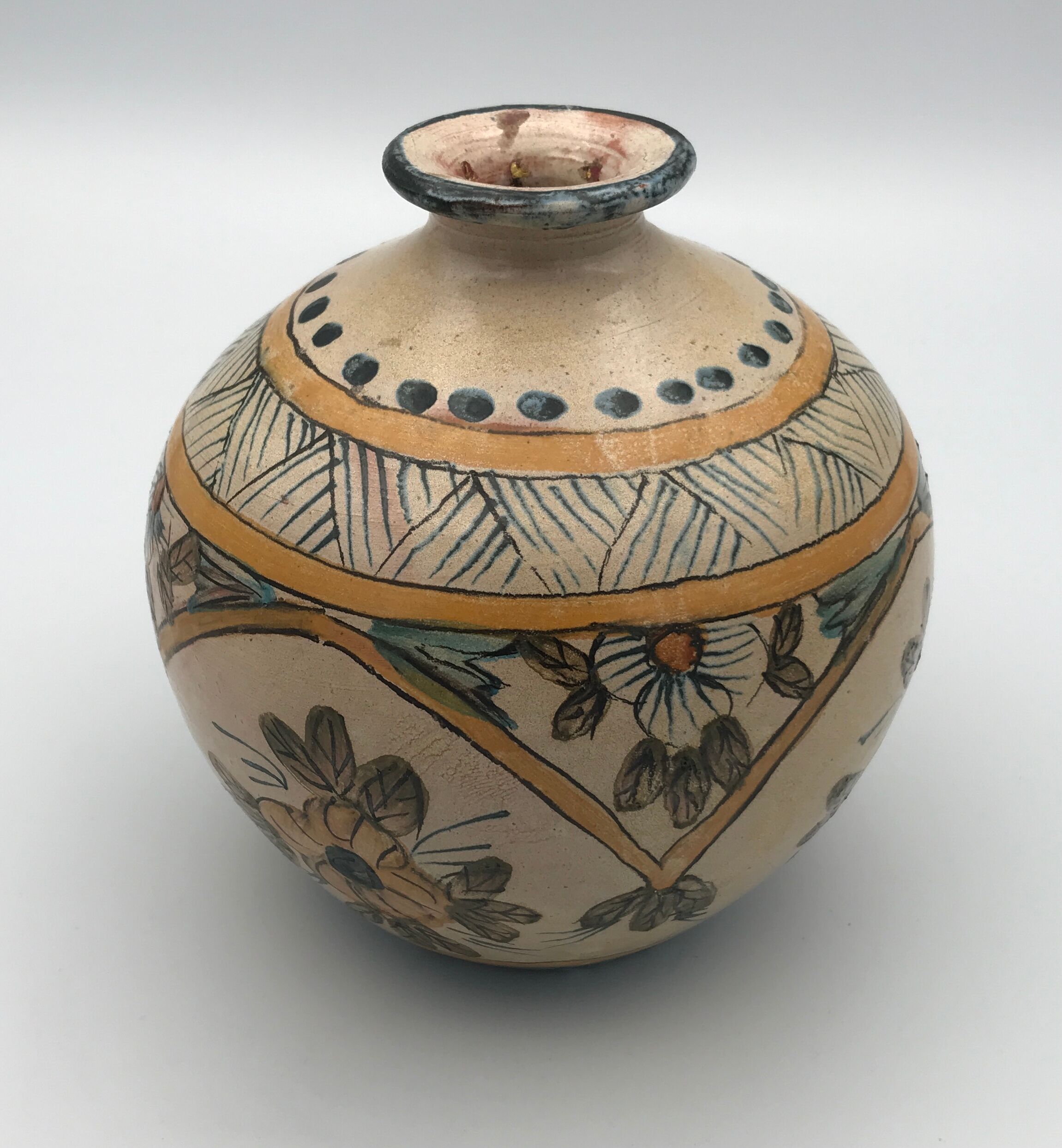 Vintage vase shaped terracotta ball with handheld paint decoration polychrome signed