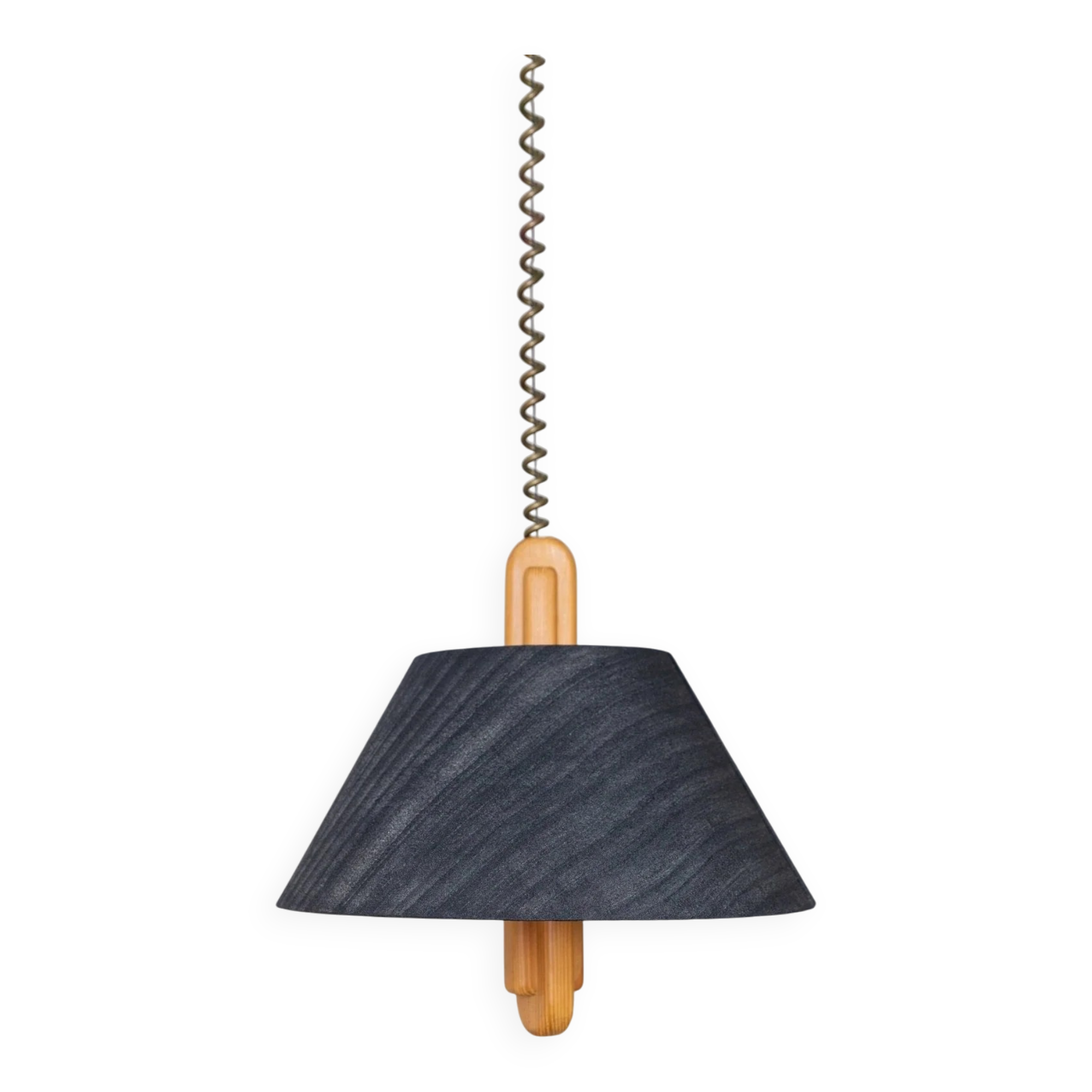 Temde Mid-Century Ceiling Light with dark charcoal silk shade and wooden center column