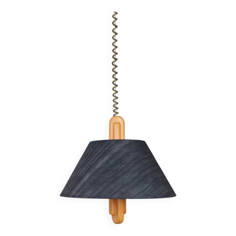 Temde Mid-Century Ceiling Light with dark charcoal silk shade and wooden center column