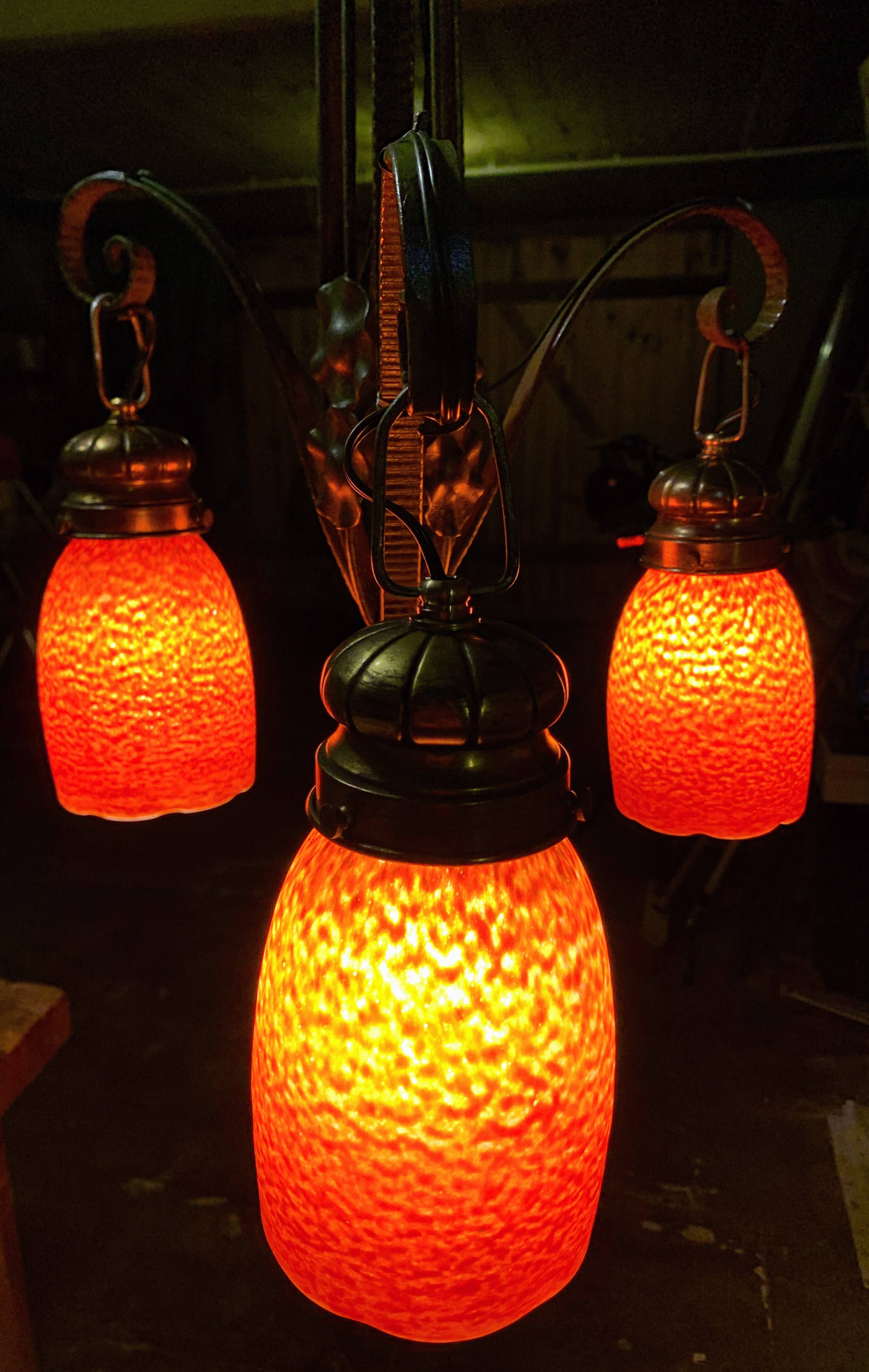 Antique Art Deco wrought iron lustre with 3 tulips in pâte de verre signed Delatte.