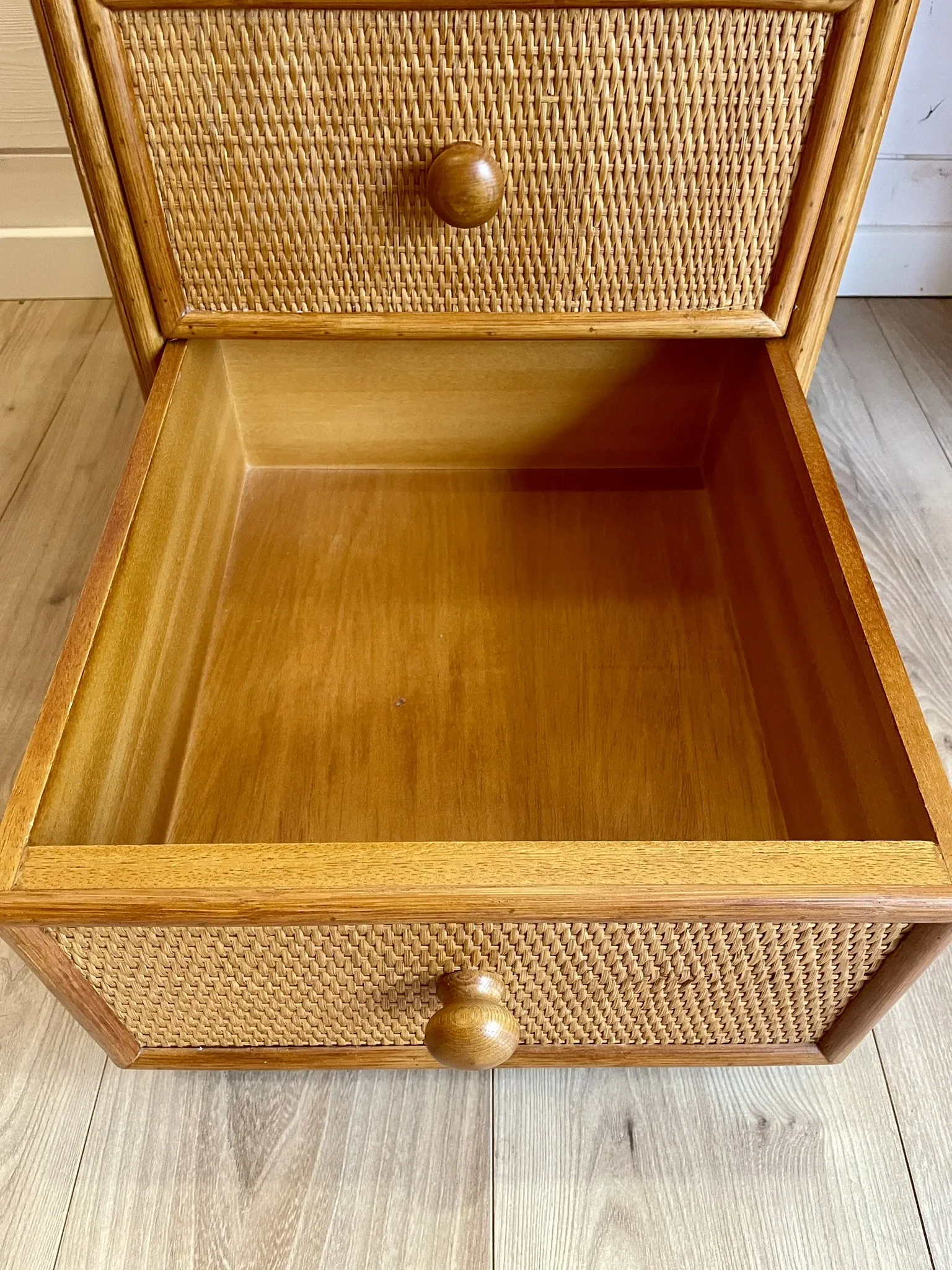 Cane work desk / Rattan glass top 9 drawers shallow depth