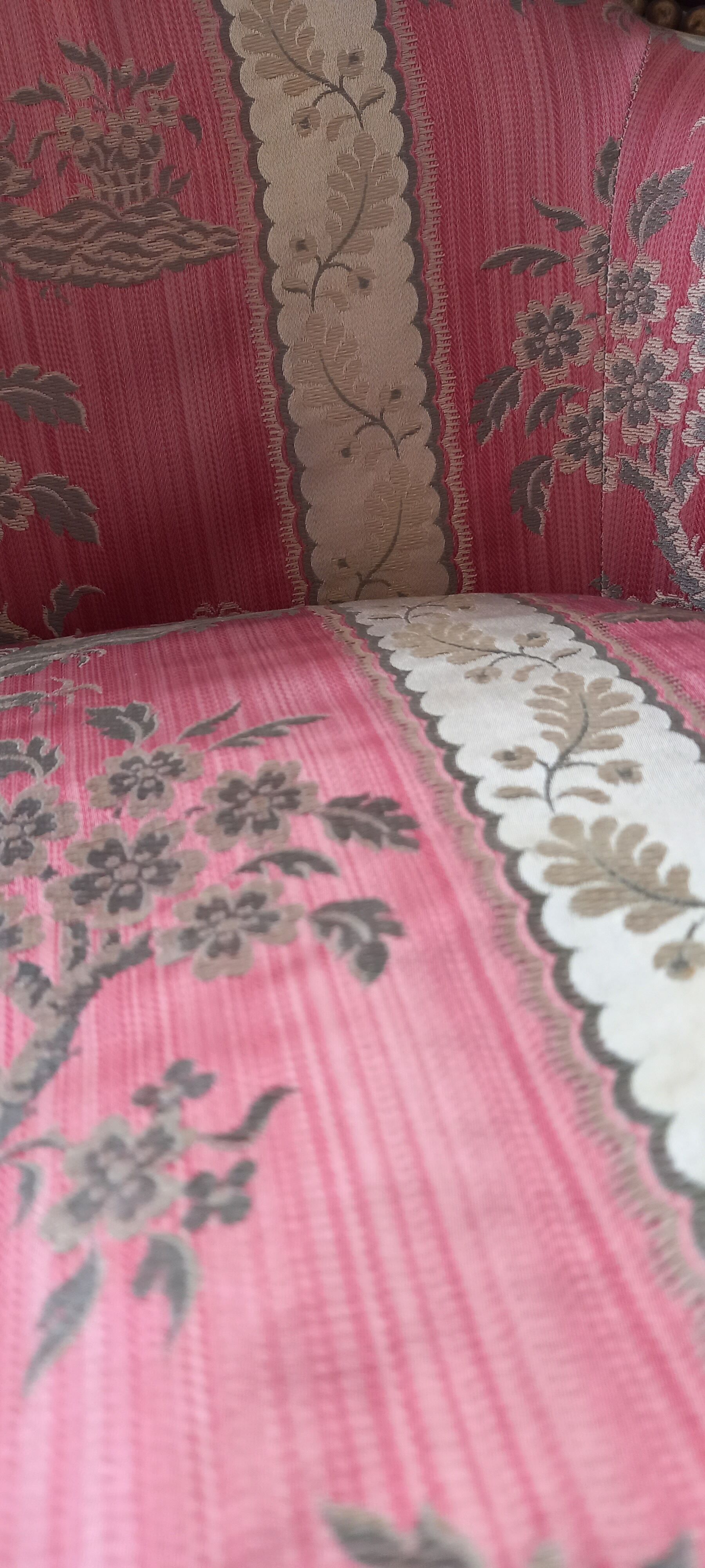 Pair of Louis XVI style armchairs in walnut and pink silk and ecru