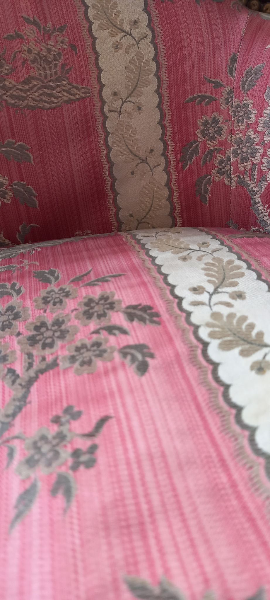 Pair of Louis XVI style armchairs in walnut and pink silk and ecru