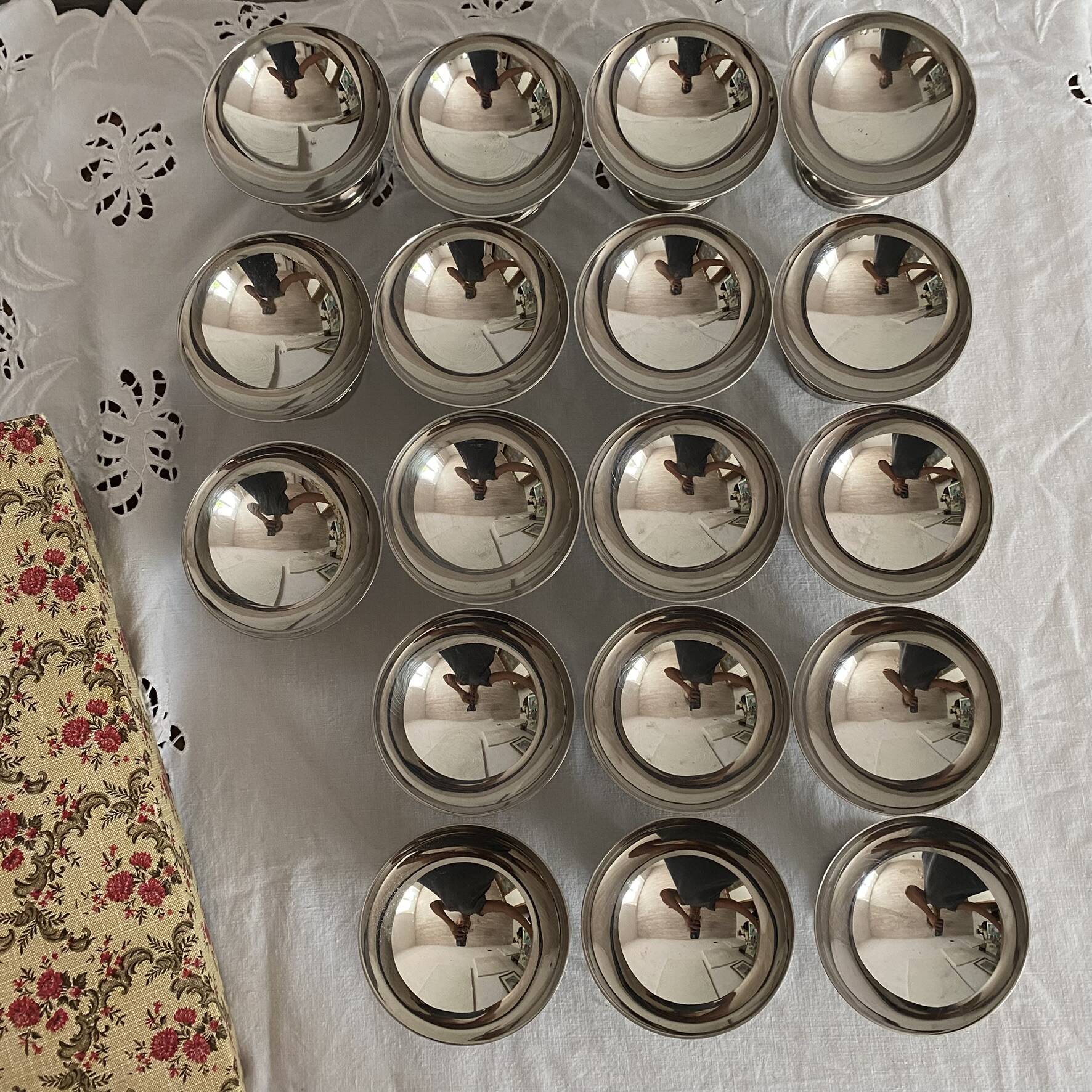 Stainless steel ice cream cups and spoons, 1960s-70s, original boxes.