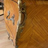 Louis xv style curved chest of drawers in marquetry with marble and embroidered floral decor