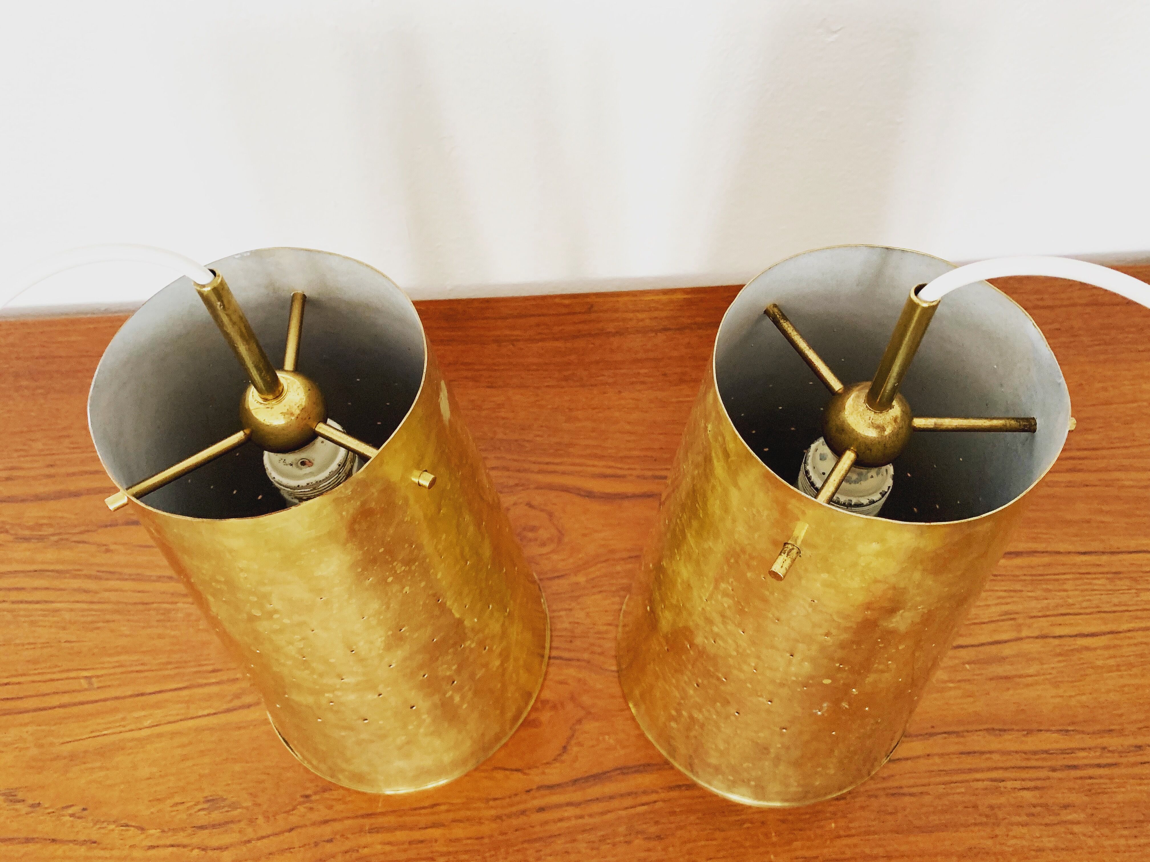 Set of 2 large Mid Century Modern perforated brass pendant lamps