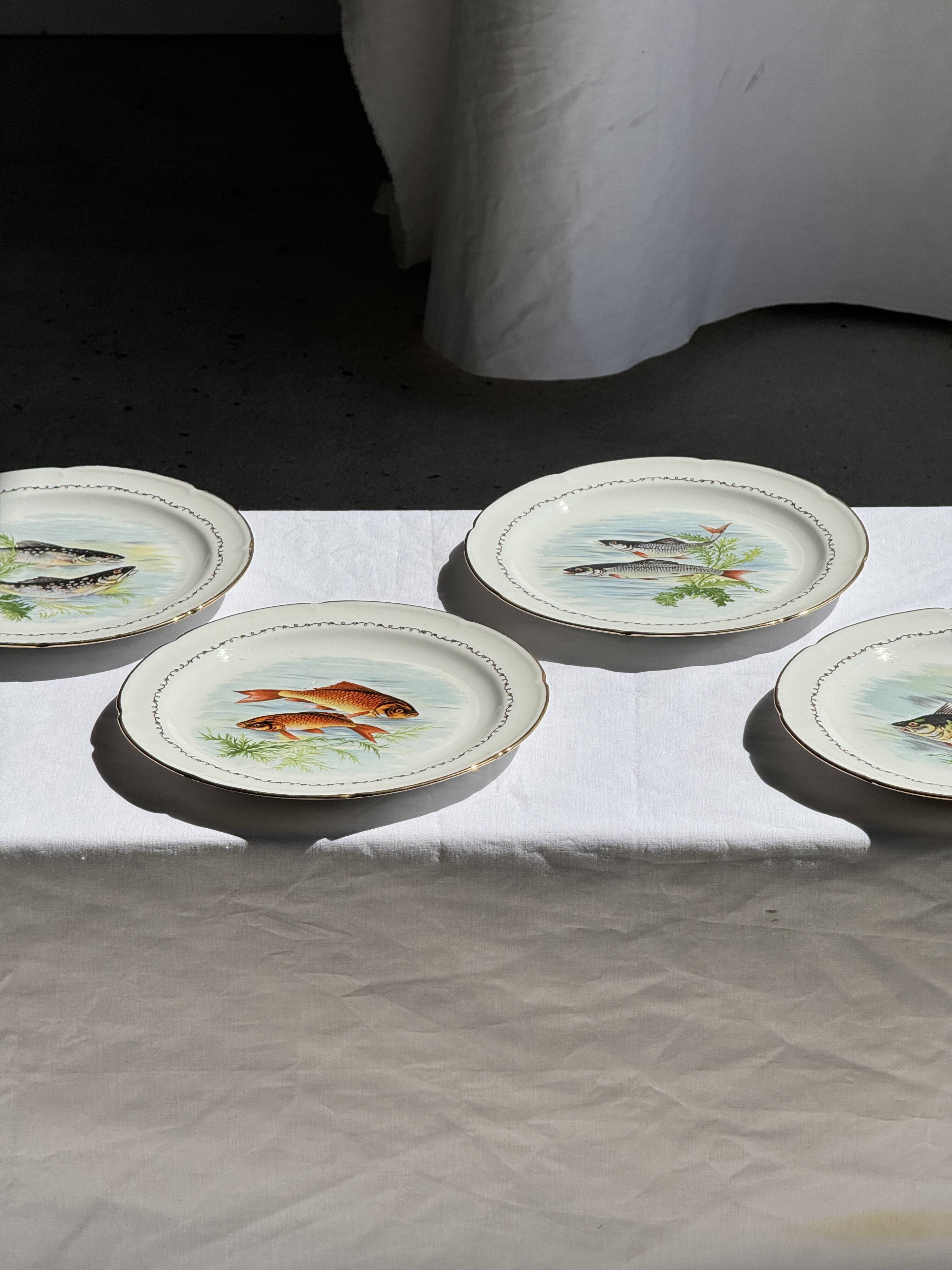 Set of 6 vintage Limoges porcelain plates with fish design.
