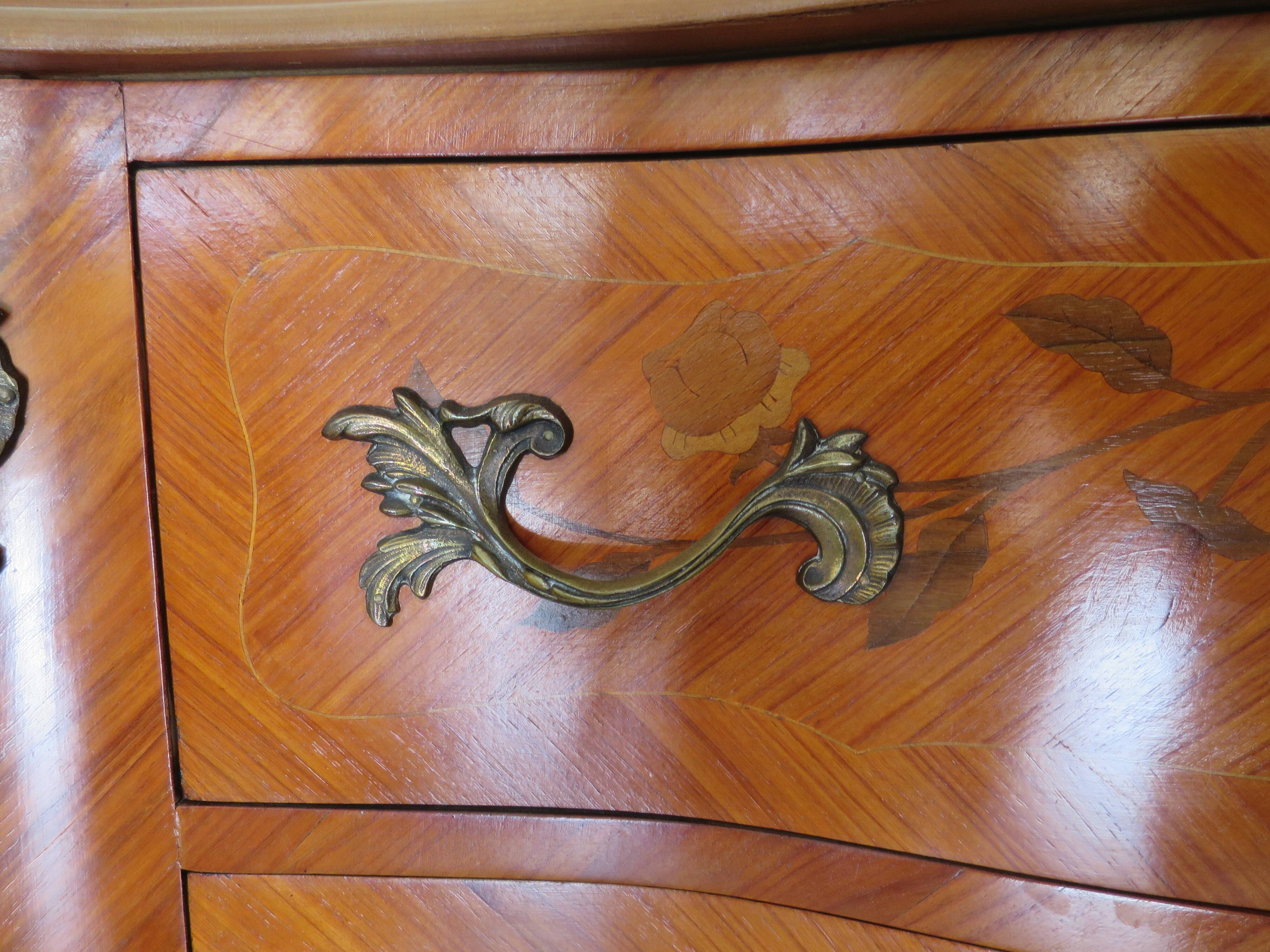 Louis XV commode - 2 drawers - floral marquetry - bronze ornament - 1950