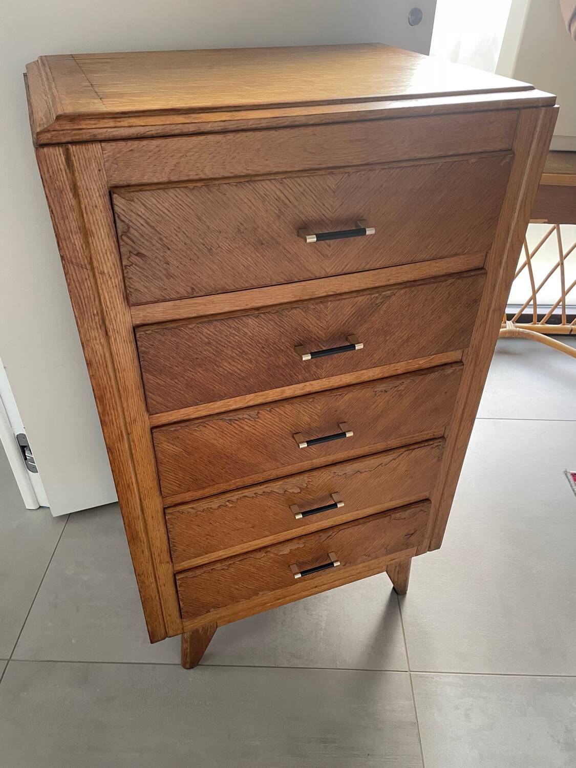 High chest of drawers with 5 drawers, vintage oak, 1950s