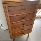 High chest of drawers with 5 drawers, vintage oak, 1950s